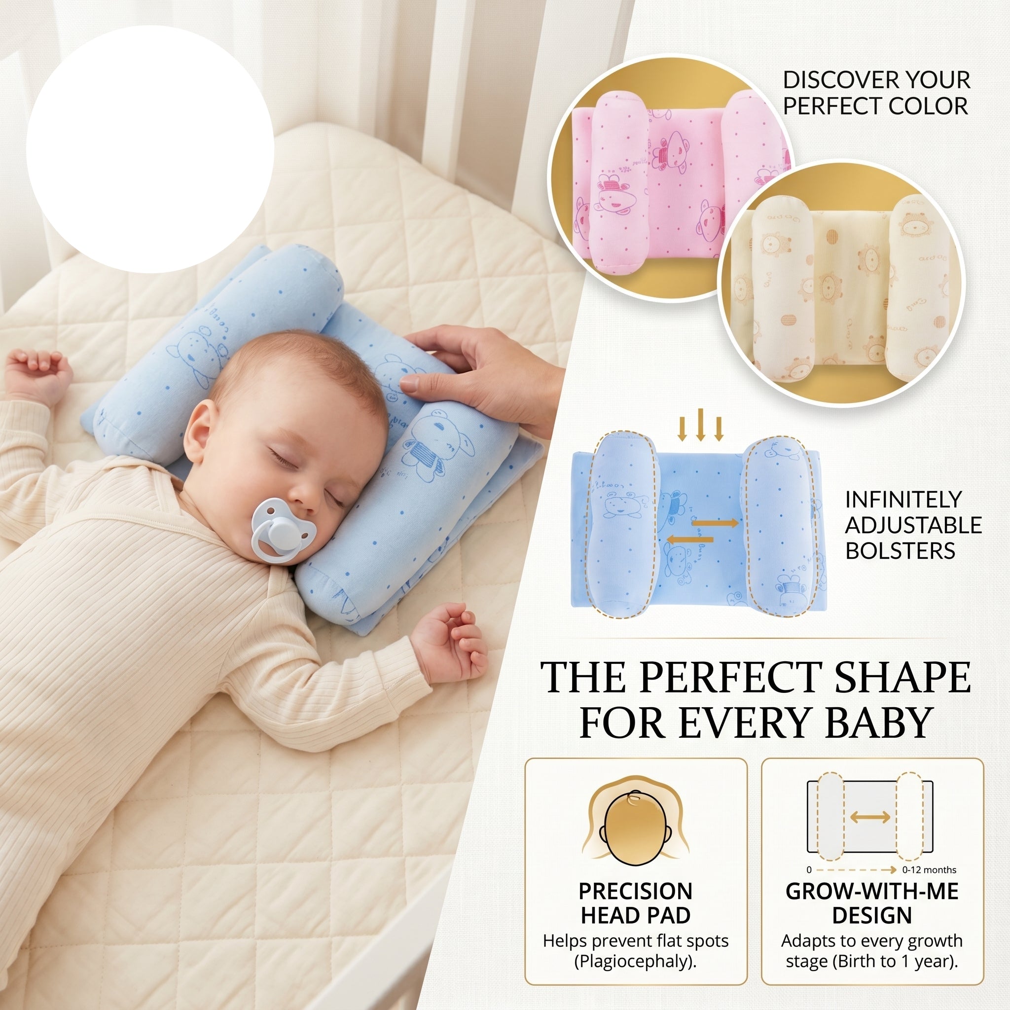 Baby Head Shaping Pillow – Soft, Hypoallergenic, Flat Head Prevention